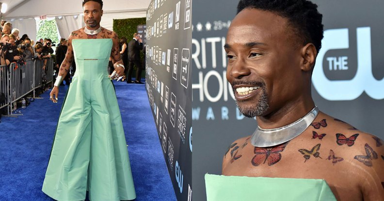 Billy Porter in a green jumpsuit with butterfly tattoos