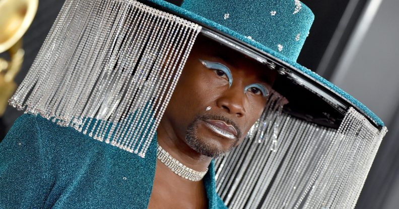 Billy Porter at the Grammys in a crystal fringed hat