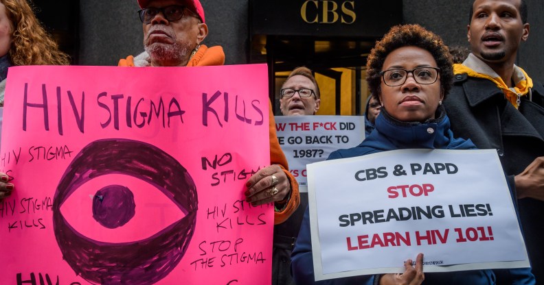 HIV protestors outside of CBS New York's headquarters.