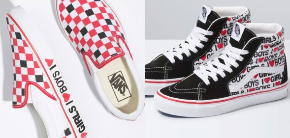 Converse sneakers with "I [heart] boys I [heart] girls" along the midsole and outer respectively