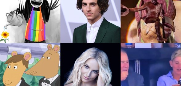 The annual tradition of Gaychella has already arrived to dull the insurmountable pain of World War 3. (Top row, L-R: Twitter, ROBYN BECK/AFP via Getty Images, screen capture via YouTube. Lower row, from L-R: Screen capture via YouTube, Michelangelo Di Battista/Sony/RCA via Getty Images, Twitter)