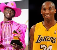 Lil Nas X holding his Grammy Awards / Kobe Bryant in a Lakers jersey