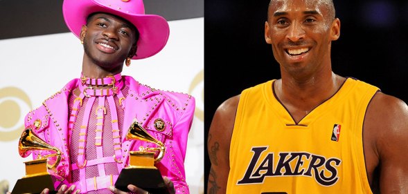 Lil Nas X holding his Grammy Awards / Kobe Bryant in a Lakers jersey