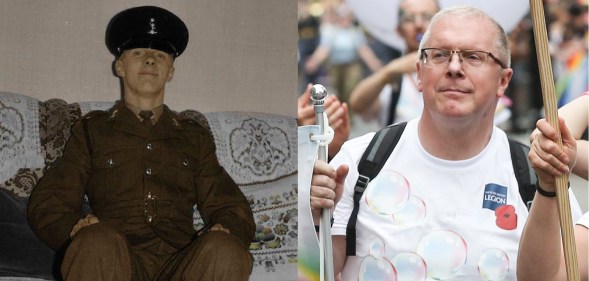 Trevor Skingle after joining the Army in 1974 - and marching at Pride in London in 2019