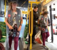 An unidentified woman claimed the 'gay community run the police force' before hurling homophobic slurs and being escorted by Australian Federal Police officers. (Screen captures via YouTube)