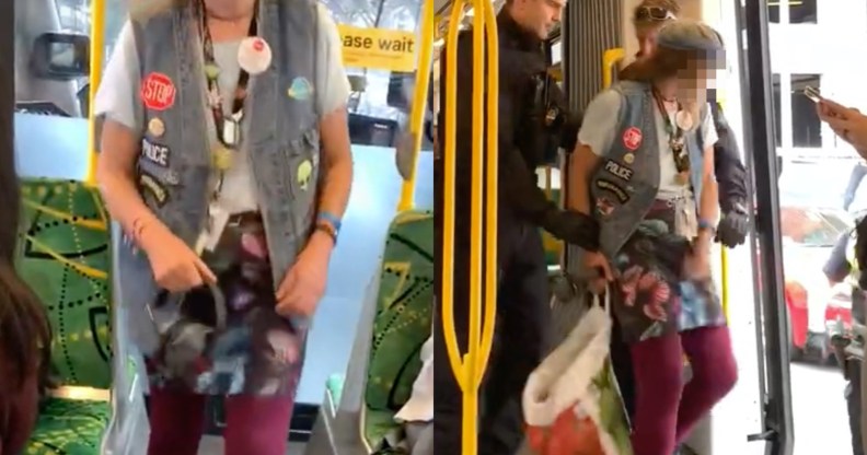 An unidentified woman claimed the 'gay community run the police force' before hurling homophobic slurs and being escorted by Australian Federal Police officers. (Screen captures via YouTube)