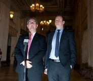 DUP Westminster leader Jeffrey Donaldson (L) alongside DUP MLA Gordon Lyons (R). (Charles McQuillan/Getty Images)