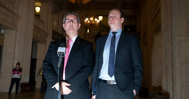 DUP Westminster leader Jeffrey Donaldson (L) alongside DUP MLA Gordon Lyons (R). (Charles McQuillan/Getty Images)