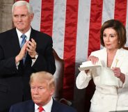 Speaker of the US House of Representatives Nancy Pelosi rips a copy of US President Donald Trumps speech after he delivered the State of the Union address at the US Capitol in Washington, DC. (MANDEL NGAN/AFP via Getty Images)