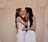 religious same-sex marriages Robyn Peoples and Sharni Edwards kiss each other after they became Northern Ireland's first legally married same sex couple on February 11, 2020 in Carrickfergus, Northern Ireland.