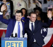 Democratic presidential candidate Pete Buttigieg waves with his husband Chasten Buttigieg after addressing supporters at his caucus night watch party on February 03, 2020 in Des Moines, Iowa. (Tom Brenner/Getty Images)