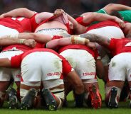 A photo showing Wales' rugby team in a scrum position during an Ireland v Wales Six Nations game