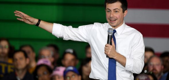 Democratic presidential candidate former South Bend, Indiana Mayor Pete Buttigieg speaks during a rally