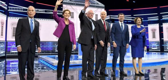 Democratic presidential candidates Mike Bloomberg, Elizabeth Warren, Bernie Sanders, Joe Biden, Pete Buttigieg and Amy Klobuchar