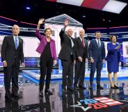 Democratic presidential candidates Mike Bloomberg, Elizabeth Warren, Bernie Sanders, Joe Biden, Pete Buttigieg and Amy Klobuchar
