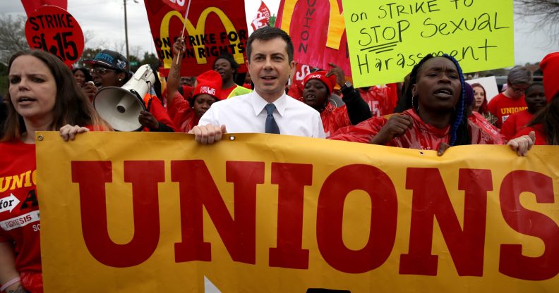 Democratic presidential candidate Pete Buttigieg marches with South Carolina McDonald’s workers as they demonstrate for a $15 an hour wage and the right to form a workers union. (Win McNamee/Getty Images)