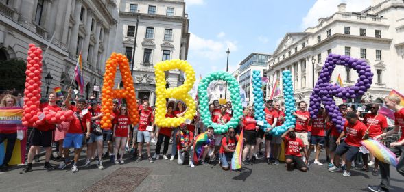 Labour party members walk the parade during Pride In London on July 7, 2018