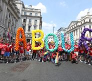 Labour party members walk the parade during Pride In London on July 7, 2018