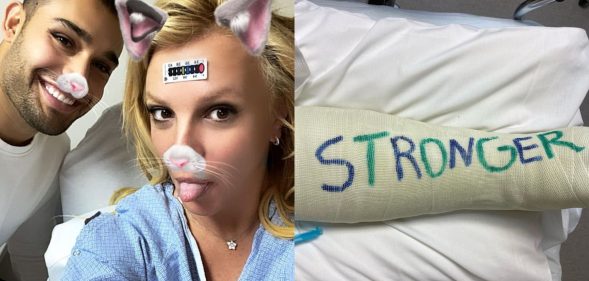 Sam Asghari (L) and Britney Spears take a selfie in a hospital bed after the singer broke a bone in her foot. (Instagram)