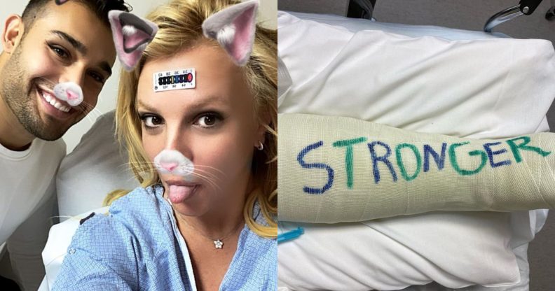 Sam Asghari (L) and Britney Spears take a selfie in a hospital bed after the singer broke a bone in her foot. (Instagram)