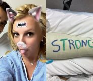 Sam Asghari (L) and Britney Spears take a selfie in a hospital bed after the singer broke a bone in her foot. (Instagram)