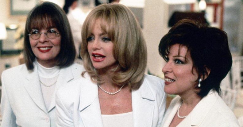 Diane Keaton, Goldie Hawn and Bette Midler wearing white suits in The First Wives Club
