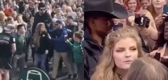 Kaitlin Bennett was swamped by protests at Ohio University. (Screen captures via Twitter)