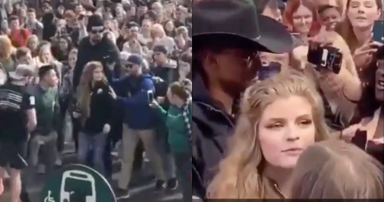 Kaitlin Bennett was swamped by protests at Ohio University. (Screen captures via Twitter)