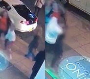 A man shoving a man and woman