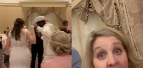 Lil Nas X (Second from L) casually crashed a Disney World Orlando wedding and basically everyone reacted like the guest on the right. (Screen captures via Twitter)