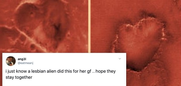 Heart-shaped craters are uncovered on the dusty surface of Mars, and some took it to confirm that lesbian aliens exist because it's the internet. (NASA/JPL-Caltech/Malin Space Science Systems)
