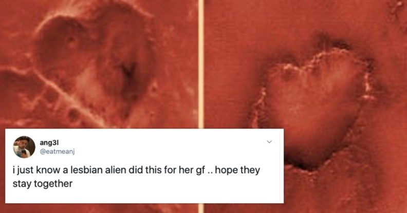 Heart-shaped craters are uncovered on the dusty surface of Mars, and some took it to confirm that lesbian aliens exist because it's the internet. (NASA/JPL-Caltech/Malin Space Science Systems)