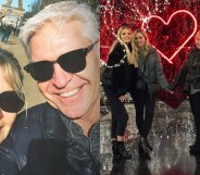Phillip Schofield smiling with his wife Stephanie / posing with their daughters in front of a red love heart