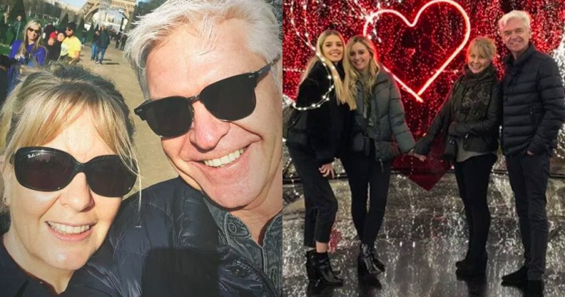 Phillip Schofield smiling with his wife Stephanie / posing with their daughters in front of a red love heart