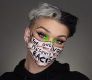 Ethan Peters in a make-up 'mask' which reads 'the only virus present is racism'