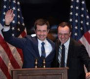 Pete Buttigieg with his husband Chasten in South Bend, Indiana, where he announced he was dropping out of the presidential race