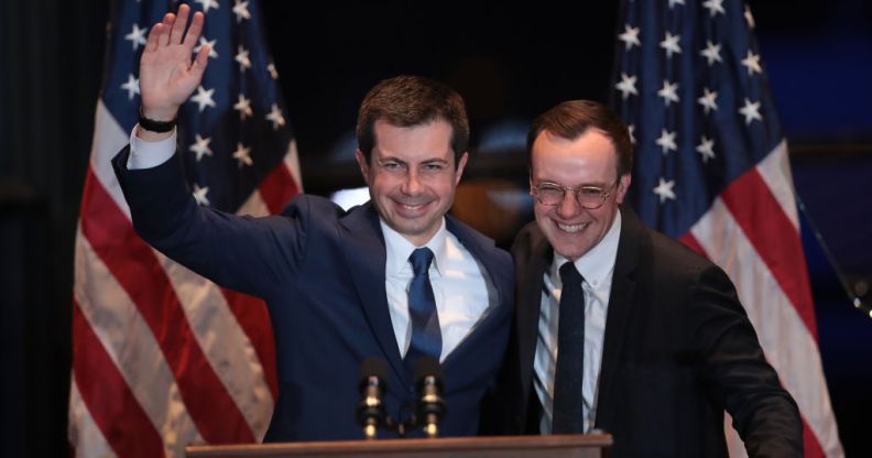 Pete Buttigieg with his husband Chasten in South Bend, Indiana, where he announced he was dropping out of the presidential race