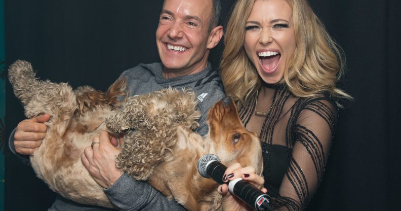 Rachel Platten (R) poses backstage with Jeremy Joseph and Jacob the dog before her performance on stage at G-A-Y Club Night at Heaven. (Jo Hale/Redferns)