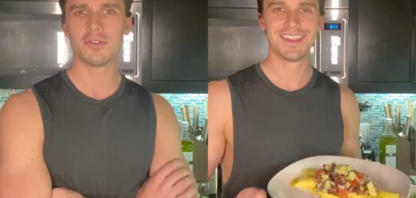 Antoni Porowski, who has large arms, has posted easy recipes for folks in quarantine to cook. (Screen captures via Instagram)