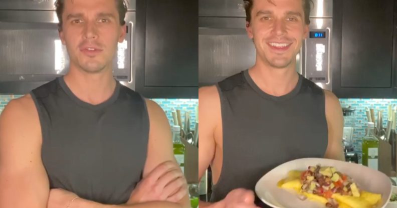 Antoni Porowski, who has large arms, has posted easy recipes for folks in quarantine to cook. (Screen captures via Instagram)