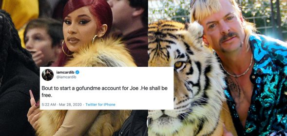 Cardi B (L) vowed to raise funds for jailed Tiger King star Joe Exotic through a GoFundMe page, but the platform refused her plea. (Kevin Mazur via Getty Images/Netflix)