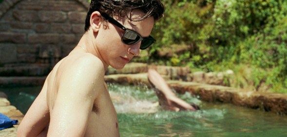 Timothee Chalamet pictured playing Elio in a scene from Call Me By Your Name. He is shirtless, standing in a river and wearing sunglasses.