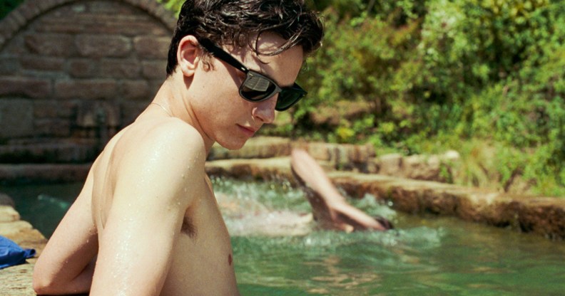Timothee Chalamet pictured playing Elio in a scene from Call Me By Your Name. He is shirtless, standing in a river and wearing sunglasses.