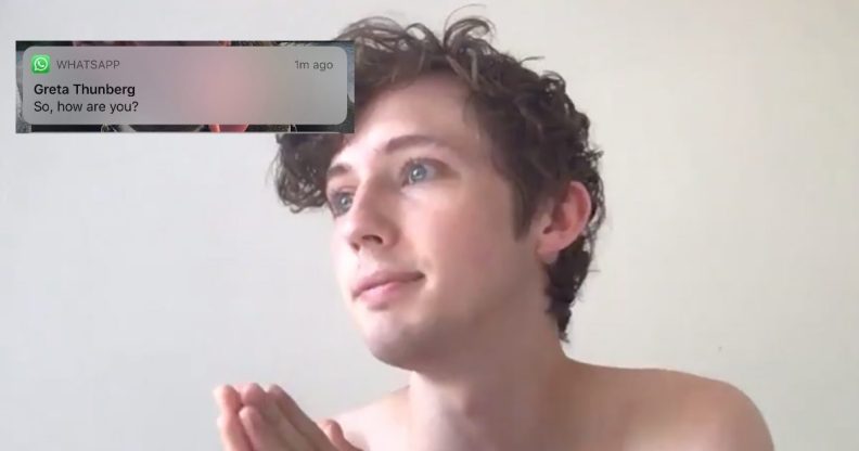 Troye Sivan was pranked by Russian hackers pretending to be Greta Thunberg and 2020 has well and truly peaked for its satire. (Screen capture via Twitter)