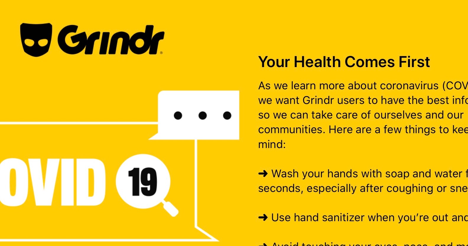 Grindr has issued a coronavirus alert to users