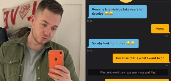 Joe Wiecha, scouting for pals in the new city he calls home, encountered judgement from a Grindr user. (Twitter/Joe Wiecha)