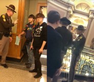 State troopers thronged the Iowa Capitol Hill building and demanded the trans teens leave the premises after using restrooms that align with their gender identity. The Iowa state trooper demanded the trans teen leave after they used the restroom, with one teen lashing back "Why do you care?" On the right, the students leave the building in tears. (Iowa Safe Schools)