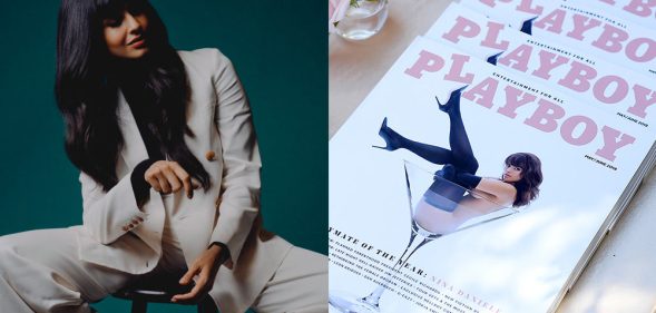 Jameela Jamil in an oversized white suit and a 2018 Playboy magazine cover