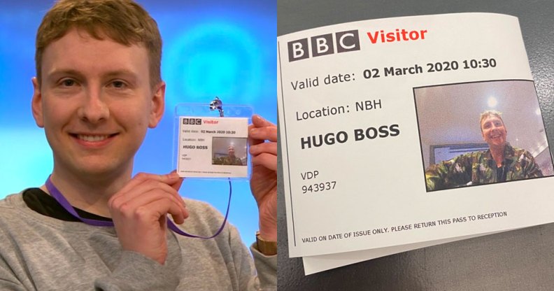 Joe Lycett holding a BBC visitor pass with the name Hugo Boss