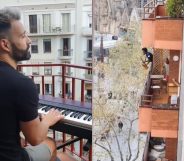 Gay pianist Alberto Gestoso played Céline Dion's iconic number to cooped-up locals while Spain is under coronavirus lockdown. (Screen captures via Instagram)
